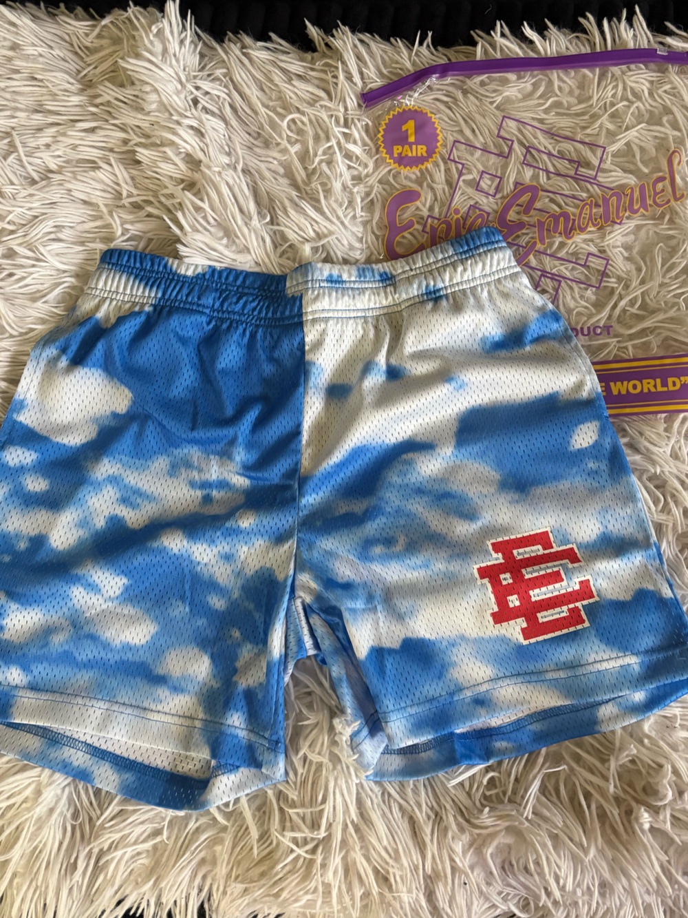 Eric Emanuel Blue Tie-Dye Mesh Shorts with Red Logo Patch
